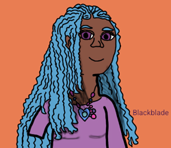 Size: 740x640 | Tagged: safe, artist:blackblade360, imported from derpibooru, izzy moonbow, human, african american, black, bust, clothes, curly hair, cutie mark accessory, digital art, eyelashes, g5, human coloration, humanized, ibispaint x, jewelry, long hair, looking at you, necklace, pony to human, purple eyes, purple shirt, shading, shirt, signature, smiling, smiling at you