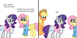 Size: 2000x1000 | Tagged: safe, artist:zoeyhorse, imported from derpibooru, applejack, fluttershy, rarity, earth pony, pegasus, pony, unicorn, 2 panel comic, bluey, clothes, comic, dialogue, female, horn, implied lesbian, implied rarijack, implied shipping, innuendo, mare, open mouth, open smile, shirt, simple background, smiling, trio, trio female, white background