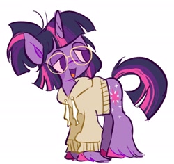 Size: 2048x1932 | Tagged: safe, artist:alexbeeza, imported from derpibooru, twilight sparkle, pony, unicorn, alternate accessories, alternate design, alternate hairstyle, blush sticker, blushing, clothes, colored hooves, colored pinnae, colored sclera, female, glasses, hoodie, hooves, horn, lidded eyes, looking back, mare, meganekko, no catchlights, no pupils, open mouth, open smile, pink hooves, pink sclera, ponytail, purple eyes, purple mouth, round glasses, simple background, smiling, standing, three toned mane, three toned tail, unicorn horn, unicorn twilight, unshorn fetlocks, white background