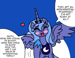 Size: 1173x900 | Tagged: safe, artist:goatpirate, princess luna, alicorn, pony, /mlp/, blushing, crown, dialogue, drawthread, eyes closed, female, grammar error, heart, jewelry, mare, misspelling, open smile, peytral, princess shoes, regalia, solo, speech bubble, spread wings, wings