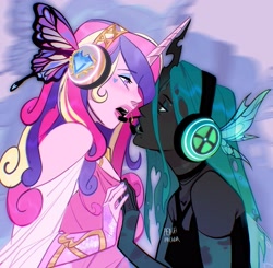 Size: 2569x2515 | Tagged: safe, artist:peachmichea, imported from derpibooru, princess cadance, queen chrysalis, human, bust, butterfly wings, cadalis, clothes, dress, evening gloves, female, fingerless elbow gloves, fingerless gloves, gloves, hands together, headset, height difference, horn, horned humanization, horns are touching, humanized, infidelity, lesbian, long gloves, open mouth, pony coloring, shipping, singing, wings