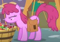 Size: 602x425 | Tagged: safe, imported from derpibooru, screencap, berry punch, berryshine, earth pony, pony, call of the cutie, season 1, animation error, apple, cropped, female, food, mare, solo