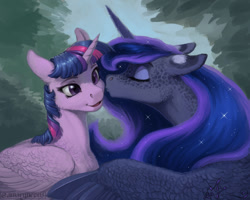 Size: 1250x1000 | Tagged: source needed, safe, artist:amarynceus, imported from twibooru, princess luna, twilight sparkle, alicorn, pony, alternate design, coat cancer, cross-eyed, dappled, derp, duo, eyes closed, female, floppy ears, freckles, horn, image, kissing, lesbian, mare, needs more jpeg, shipping, signature, smiling, twilight sparkle (alicorn), twiluna, twitterina design, watermark