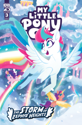 Size: 2063x3131 | Tagged: safe, artist:justasuta, idw, imported from derpibooru, pipp petals, sunny starscout, pegasus, pony, spoiler:comic, spoiler:g5, spoiler:g5comic, colored wings, colored wingtips, comic cover, cover, cover art, female, flying, g5, mare, multicolored wings, my little pony logo, my little pony: the storm of zephyr heights, official, official comic, open mouth, spread wings, the storm of zephyr heights #3, wings