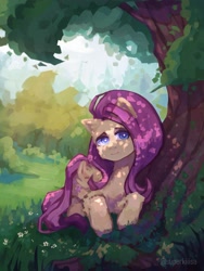 Size: 2131x2833 | Tagged: safe, artist:superkiiisa, imported from derpibooru, fluttershy, pegasus, pony, dappled sunlight, lightly watermarked, looking at you, solo, tree, under the tree, watermark