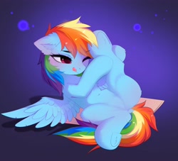 Size: 4096x3721 | Tagged: safe, artist:empress-twilight, imported from derpibooru, rainbow dash, pegasus, pony, belly, belly button, blushing, butt, chest fluff, dock, ear fluff, featureless crotch, female, fluffy, mare, one eye closed, plot, solo, stretching, tail, tongue out, underhoof, wings