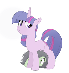 Size: 1736x1841 | Tagged: safe, artist:mandumustbasukanemen, imported from derpibooru, twilight sparkle, oc, oc:filly anon, unicorn, duo, female, filly, foal, hiding, looking back, mare, scared, simple background, unicorn twilight, white background