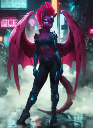 Size: 1024x1408 | Tagged: safe, imported from derpibooru, tempest shadow, anthro, cyborg, unicorn, ai content, ai generated, broken horn, cyberpunk, dragon tail, female, full body, generator:pony diffusion v6 xl, generator:stable diffusion, horn, prompter:star-dragon, science fiction, solo, spread wings, tail, wings