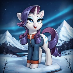 Size: 1024x1024 | Tagged: safe, imported from derpibooru, rarity, ai content, ai generated, clothes, generator:pony diffusion v6 xl, generator:stable diffusion, mountain, prompter:thelight3d, snow, winter