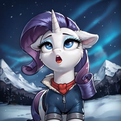 Size: 1024x1024 | Tagged: safe, imported from derpibooru, rarity, ai content, ai generated, clothes, generator:pony diffusion v6 xl, generator:stable diffusion, mountain, prompter:thelight3d, scarf, snow, winter