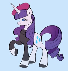 Size: 938x978 | Tagged: safe, artist:broniesforponies, imported from derpibooru, rarity, pony, unicorn, beatnik rarity, beret, blue background, clothes, female, hat, horn, mare, raised hoof, simple background, solo, sweater