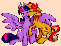 Size: 1440x1086 | Tagged: safe, artist:broniesforponies, imported from derpibooru, sunset shimmer, twilight sparkle, alicorn, pony, unicorn, female, horn, lesbian, mare, shipping, simple background, smooch, sunsetsparkle, twilight sparkle (alicorn), yellow background