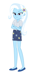 Size: 2500x5200 | Tagged: safe, alternate version, artist:moogood, imported from derpibooru, part of a set, trixie, human, equestria girls, ballet flats, clothes, crossed arms, dissatisfied, female, frown, hairclip, high res, looking at you, outfit, png, shirt, shoes, shorts, simple background, solo, standing, vector, white background