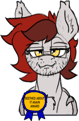 Size: 552x846 | Tagged: safe, artist:anonymous, imported from twibooru, oc, oc only, oc:reddthebat, bat pony, pony, 4chan, award, fangs, image, looking at you, male, png, simple background, smug, solo, stallion, stubble, trap, white background