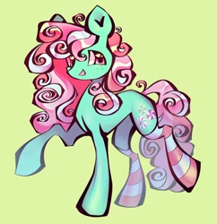 Size: 1440x1485 | Tagged: safe, artist:broniesforponies, imported from derpibooru, minty, earth pony, pony, curly mane, curly tail, female, full body, g3, green background, mare, pink mane, raised hoof, simple background, solo, tail, teal coat