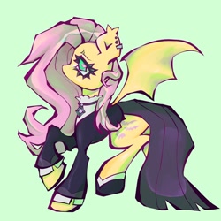 Size: 1440x1440 | Tagged: safe, artist:broniesforponies, imported from derpibooru, fluttershy, bat pony, pony, bat ponified, clothes, female, flutterbat, fluttergoth, full body, green background, mare, race swap, side view, simple background, solo