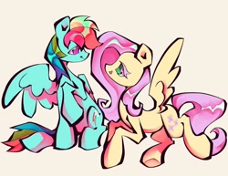 Size: 1440x1109 | Tagged: safe, artist:broniesforponies, imported from derpibooru, fluttershy, rainbow dash, pegasus, pony, female, flutterdash, lesbian, looking at each other, looking at someone, shipping, simple background, tan background