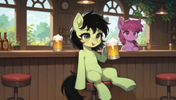 Size: 3840x2176 | Tagged: safe, imported from derpibooru, berry punch, berryshine, oc, oc:filly anon, earth pony, pony, ai content, ai generated, alcohol, bar, bar stool, beer, bottle, female, filly, generator:tponynai3, prompter:truekry, sitting, wallpaper