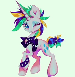 Size: 1440x1470 | Tagged: safe, artist:broniesforponies, imported from derpibooru, rarity, pony, unicorn, alternate hairstyle, green background, horn, one eye closed, punk, raripunk, simple background, smiling, solo, wink