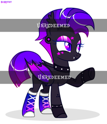 Size: 2300x2666 | Tagged: safe, artist:scarffist, imported from derpibooru, oc, oc only, bat pony, pony, base used, bat ears, bat eyes, bat pony oc, bat wings, bracelet, clothes, collar, colored wings, cute, dark skin, ear piercing, eyeshadow, gradient wings, happy, iroquois, jewelry, long hair, long mane, makeup, piercing, punk, purple eyes, purple hair, purple mane, retrowave, short tail, simple background, smiling, solo, stars, tail, watermark, white background, wings