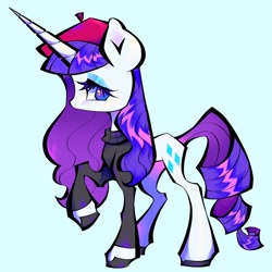 Size: 2048x2048 | Tagged: safe, artist:broniesforponies, imported from derpibooru, rarity, pony, unicorn, beatnik rarity, beret, clothes, female, full body, hat, horn, mare, raised hoof, solo, sweater