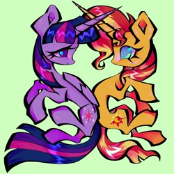 Size: 1986x1986 | Tagged: safe, artist:broniesforponies, imported from derpibooru, sunset shimmer, twilight sparkle, alicorn, pony, unicorn, duo, duo female, female, green background, horn, lesbian, mare, shipping, simple background, sunsetsparkle, twilight sparkle (alicorn)