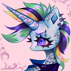 Size: 2048x2048 | Tagged: safe, artist:broniesforponies, imported from derpibooru, rarity, pony, unicorn, alternate hairstyle, bust, horn, pink background, portrait, punk, raripunk, simple background, solo