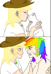 Size: 568x825 | Tagged: safe, artist:mint🌿, artist:xinjinjumin186758793974, imported from derpibooru, applejack, rainbow dash, cat, human, appledash, female, lesbian, shipping