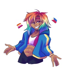 Size: 1300x1500 | Tagged: safe, artist:uunicornicc, imported from twibooru, part of a set, rainbow dash, human, abs, blackwashing, clothes, female, grin, headcanon, humanized, image, lesbian pride flag, needs more jpeg, philippines, pride, pride flag, sexuality headcanon, simple background, smiling, solo, white background