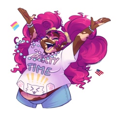 Size: 2000x2000 | Tagged: safe, artist:uunicornicc, imported from twibooru, part of a set, pinkie pie, human, american flag, blackwashing, clothes, eyes closed, fat, female, flag, headcanon, humanized, image, needs more jpeg, open mouth, pansexual pride flag, pride, pride flag, sexuality headcanon, simple background, solo, vitiligo, white background