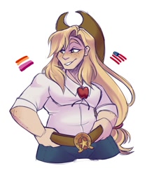 Size: 1300x1500 | Tagged: safe, artist:uunicornicc, imported from twibooru, part of a set, applejack, human, american flag, clothes, female, flag, grin, headcanon, humanized, image, lesbian pride flag, needs more jpeg, pride, pride flag, sexuality headcanon, simple background, smiling, solo, white background