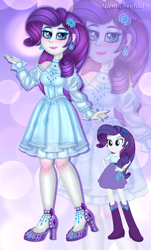 Size: 1462x2418 | Tagged: safe, artist:noreentheartist, imported from twibooru, part of a set, rarity, equestria girls, abstract background, clothes, dress, ear piercing, earring, female, hairpin, image, jewelry, looking at you, makeup, piercing, png, self paradox, shoes, smiling, solo