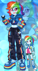 Size: 1280x2418 | Tagged: safe, artist:noreentheartist, imported from twibooru, part of a set, rainbow dash, equestria girls, abstract background, bandaid, chains, choker, clothes, female, fingerless gloves, gloves, image, looking at you, png, self paradox, shoes, short shirt, smiling, solo, winged shoes