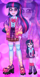 Size: 1280x2418 | Tagged: safe, artist:noreentheartist, imported from twibooru, part of a set, twilight sparkle, equestria girls, abstract background, bow, cardigan, clothes, female, image, looking at you, png, self paradox, shoes, skirt, smiling, smiling at you, socks, solo, thigh highs