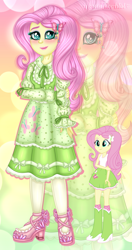 Size: 1280x2418 | Tagged: safe, artist:noreentheartist, imported from twibooru, part of a set, fluttershy, equestria girls, abstract background, clothes, dress, female, hairpin, image, looking at you, png, self paradox, shoes, smiling, solo