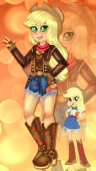 Size: 1406x2503 | Tagged: safe, artist:noreentheartist, imported from twibooru, part of a set, applejack, equestria girls, abstract background, applejack's hat, bandana, clothes, cowboy hat, cutie mark, cutie mark on clothes, female, fingerless gloves, gloves, hat, image, jacket, knee-high boots, looking at you, peace sign, png, self paradox, shorts, smiling at you, solo