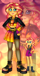 Size: 1280x2418 | Tagged: safe, artist:noreentheartist, imported from twibooru, part of a set, sunset shimmer, equestria girls, abstract background, boots, chains, clothes, cutie mark, cutie mark on clothes, ear piercing, earring, female, fingerless gloves, gloves, image, jacket, jewelry, leather jacket, looking at you, necklace, piercing, png, self paradox, shoes, short shirt, skirt, solo