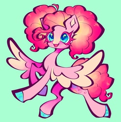 Size: 1440x1454 | Tagged: safe, artist:broniesforponies, imported from derpibooru, pinkie pie, pegasus, pony, alternate design, blue background, cyan background, pegasus pinkie pie, race swap, simple background, smiling, solo