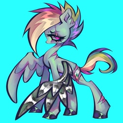 Size: 2048x2048 | Tagged: safe, artist:broniesforponies, imported from derpibooru, rainbow dash, pegasus, pony, alternate timeline, apocalypse dash, blue background, crystal war timeline, eye scar, facial scar, female, full body, mare, scar, simple background, solo, standing