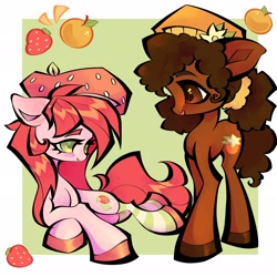 Size: 2048x2048 | Tagged: safe, artist:broniesforponies, imported from derpibooru, orange blossom, prim posy, earth pony, pony, duo, duo female, female, food, lying down, mare, orange, ponified, prone, strawberry, strawberry shortcake, two toned background