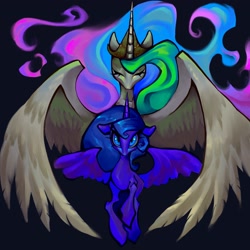 Size: 2048x2048 | Tagged: safe, artist:bronieforponie, imported from derpibooru, princess celestia, princess luna, alicorn, pony, duo, duo female, female, front view, mare, painting, siblings, sisters, solo