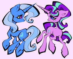 Size: 2048x1680 | Tagged: safe, artist:broniesforponies, imported from derpibooru, starlight glimmer, trixie, pony, unicorn, duo, duo female, female, horn, lesbian, mare, pink background, shipping, simple background, startrix