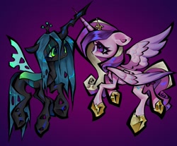 Size: 2048x1692 | Tagged: safe, artist:broniesforponies, imported from derpibooru, princess cadance, queen chrysalis, alicorn, changeling, changeling queen, pony, cadalis, duo, duo female, female, infidelity, lesbian, mare, purple background, shipping, simple background