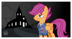 Size: 1919x1043 | Tagged: safe, artist:twifight-sparkill, imported from twibooru, scootaloo, pegasus, pony, badge, church, clothes, cloud, crying, cutie mark, fanfic art, female, folded wings, image, implied death, mare, necktie, older, png, solo, tail, teary eyes, uniform, wings