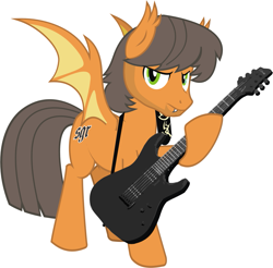 Size: 1007x992 | Tagged: safe, artist:twifight-sparkill, imported from twibooru, oc, oc only, oc:cynewulf, bat pony, pony, bat pony oc, bat wings, cutie mark, electric guitar, facial hair, fangs, frown, guitar, hoof hold, image, looking at you, male, musical instrument, png, solo, spread wings, stallion, tail, wings