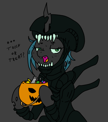 Size: 800x900 | Tagged: safe, artist:anonymous, colorist:anonymous, imported from twibooru, queen chrysalis, alien, changeling, changeling queen, xenomorph, /mlp/, 4chan, alien (franchise), candy, clothes, colored, costume, dialogue, drawthread, fangs, female, flat colors, food, gray background, halloween, halloween costume, holiday, hoof hold, image, lidded eyes, open mouth, png, pumpkin bucket, queen chrysalis is not amused, simple background, solo, sweat, trick or treat, unamused