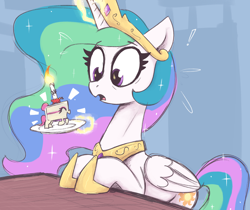 Size: 2500x2100 | Tagged: safe, artist:t72b, imported from twibooru, princess celestia, alicorn, cake pony, food pony, object pony, original species, pony, cake, candle, cute, female, food, image, jewelry, magic, magic aura, mare, plate, png, ponified, surprised, tiara