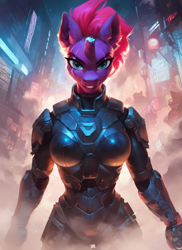 Size: 1024x1408 | Tagged: safe, imported from derpibooru, tempest shadow, anthro, unicorn, ai content, ai generated, armor, broken horn, cyberpunk, female, generator:pony diffusion v6 xl, generator:stable diffusion, horn, prompter:star-dragon, science fiction, solo