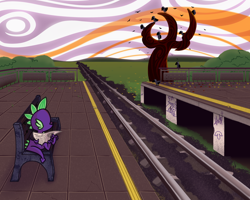 Size: 3000x2400 | Tagged: safe, artist:mafon, imported from derpibooru, spike, bird, crow, dragon, autumn, bench, solo, train station, tree