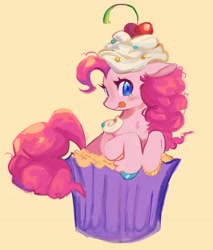 Size: 2340x2752 | Tagged: safe, artist:kuzoux, imported from derpibooru, pinkie pie, earth pony, pony, :p, cupcake, female, food, mare, simple background, solo, tongue out, yellow background